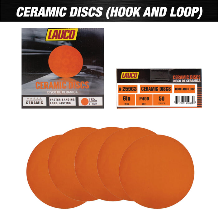 Premium 6" Hook and Loop Sanding Ceramic Discs (Box of 50) - Hook and Loop Backing Discs for DA Orbital Sanders - Automotive Sanding Wood Furniture Finishing (GRIT-400) 25963