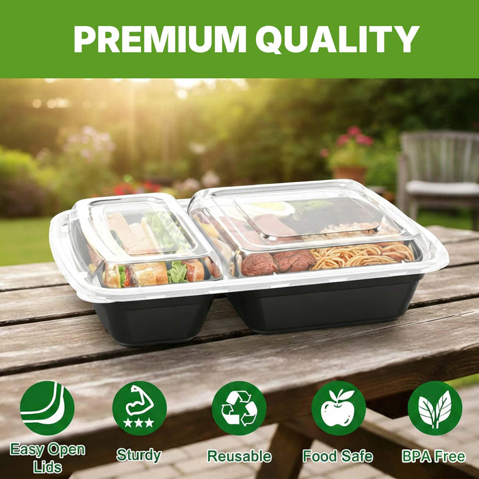 Meal Prep Containers with Lids, Reusable 2-Compartment Food Storage, Sturdy Leakproof, Food Safe, Microwave Freezer Dishwasher Safe, To-Go Takeout Plastic Containers, 50 Pack (100-Piece) – 60828