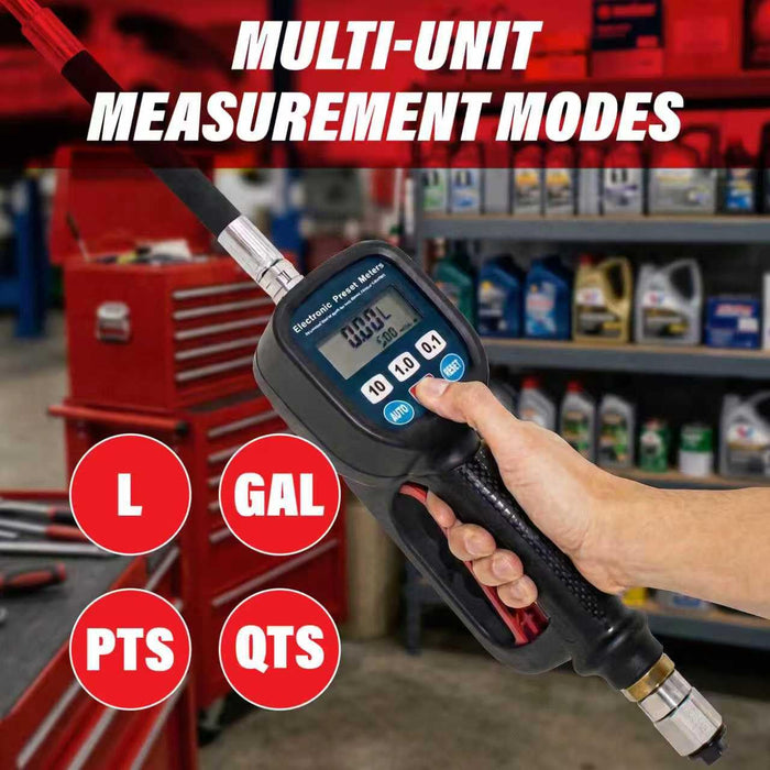 Digital Oil Meter Gun with LCD Display for Lubricants and Diesel, Preset Dispensing Gun with Automatic Shutoff, High Accuracy ±0.5%, Heavy Duty Oil Transfer Meter for Workshop, Garage