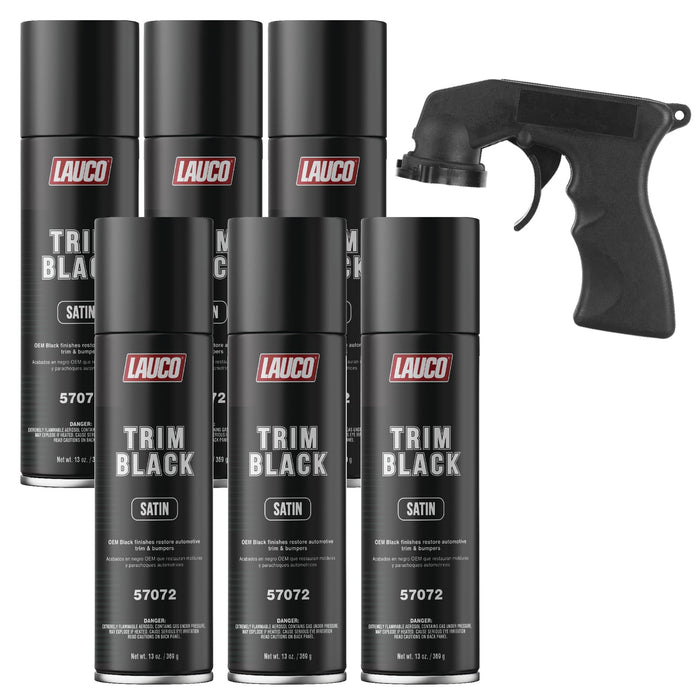 LAUCO Trim Black Satin 13 oz. Automotive Spray Paint Can with Gun - Pack of 6 - Black Can Spray Paint with Satin Finish - Designed for Plastic, Aluminum, Steel and Stainless Steel 57072