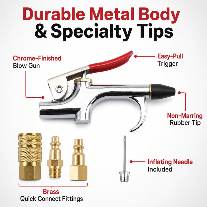 LAUCO Air Blow Gun Set Kit with 10 Interchangeable Nozzles, Blow Gun with Rubber and Safety Tip Nozzles, ¼ NPT Female and Male Quick Connectors, 10 Pieces Air Blow Gun Accessories Kit ATK6989