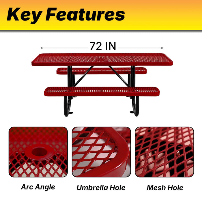 LAUCO Heavy Duty Rectangular Outdoor Picnic Table with Steel Frame, Thermoplastic Coating, Umbrella Hole, Built-in Benches, Seats 8, for Park, Patio, School (Red, 72 inch) 36033