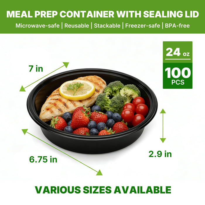 50 Pack (100-Piece) Meal Prep Containers Reusable with Lids, Sturdy Leakproof & Food Safe, Microwave, Freezer, Dishwasher Safe Prep Containers, To Go Take Out Plastic Food Storage (Round 24oz) 60829
