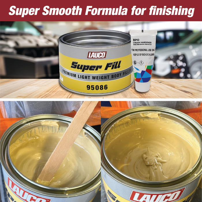 LAUCO Super Fill Premium Lightweight Body Filler - Pack of 4 - Ideal for Small-Medium Dents & Scratches, Adheres to Fiberglass, Steel, Galvanized, Zinc & Aluminum, 4 Quart + 4 Hardener