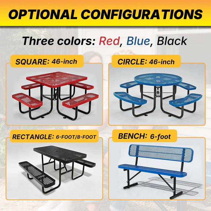 LAUCO Square Picnic Table, Expanded Metal, Red Thermoplastic Coating, Attached Benches, 1-1/2” Umbrella Pole Hole, Outdoor-Rated, 1000 lb Capacity 36078