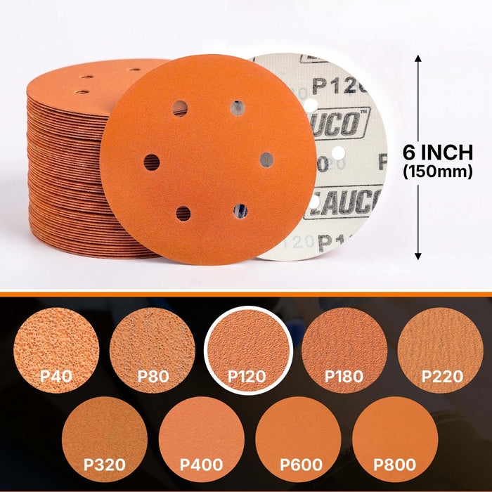 50 PCS 6 Inch 6 Hole Ceramic Sanding Discs P120 Grit, Hook and Loop Orbital Sandpaper, Heavy Duty Sandpaper for Wood, Metal, Automotive, Paint Removal