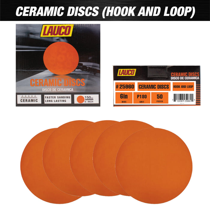 Premium 6" Hook and Loop Orange Ceramic Sanding Discs, No Hole, 180 Grit (Box of 25) for Automotive Sanding on Fiberglass, Metals Non-Ferrous, Furniture Finishing