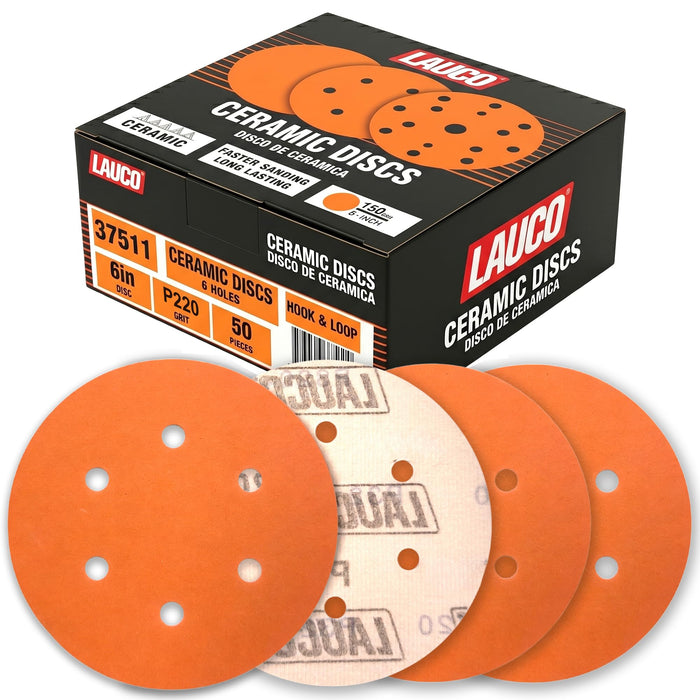 50 PCS 6 Inch 6 Hole Ceramic Sanding Discs P220 Grit, Hook and Loop Orbital Sandpaper, Heavy Duty Sandpaper for Wood, Metal, Automotive, Paint Removal