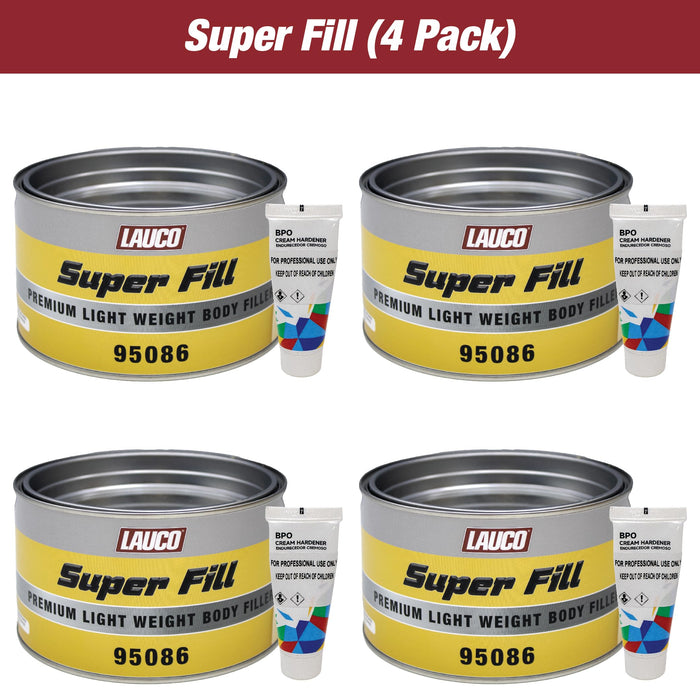 LAUCO Super Fill Premium Lightweight Body Filler - Pack of 4 - Ideal for Small-Medium Dents & Scratches, Adheres to Fiberglass, Steel, Galvanized, Zinc & Aluminum, 4 Quart + 4 Hardener