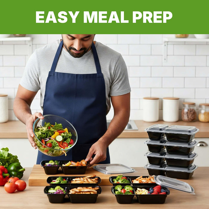 Meal Prep Containers with Lids, Reusable 2-Compartment Food Storage, Sturdy Leakproof, Food Safe, Microwave Freezer Dishwasher Safe, To-Go Takeout Plastic Containers, 50 Pack (100-Piece) – 60828