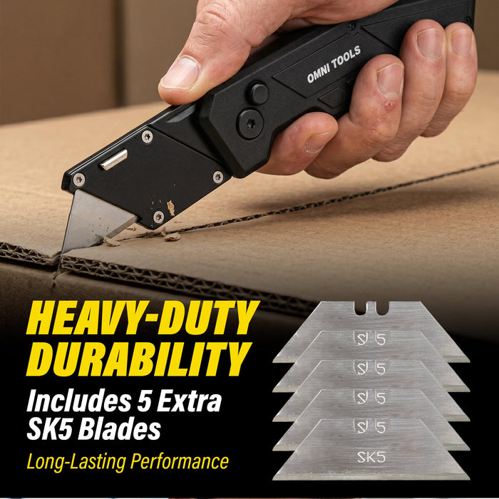 Heavy Duty Folding Utility Knife with 5 Replacement Blades, Quick Change Razor Box Cutter, Ergonomic Handle, Portable Pocket Cutter for Cardboard, Drywall, Plastic, Rope, Carpet and DIY Projects