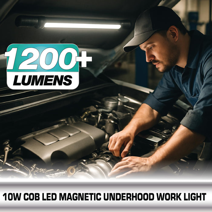 Omni Tools 1200+ Lumen Rechargeable Underhood Work Light Magnetic Mount, Adjustable Brightness, 360° Rotating Hooks, USB-C Charging Ideal for Mechanics, Garage, and Emergency Use 33118