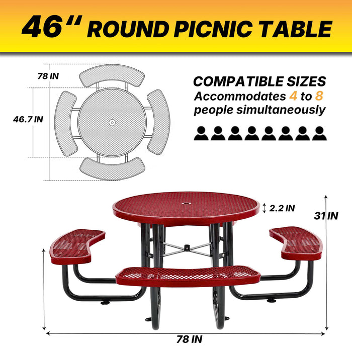 LAUCO 46-Inch Round Metal Picnic Table with Attached Benches, Red Thermoplastic Coated, Expanded Metal Construction, 1000 lb Capacity, Outdoor Use (Red) 36057
