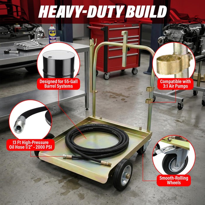 LAUCO 3:1 Air-Operated Oil Pump Kit – Digital Meter Gun, 13ft Hose, Mobile Drum Trolley & Regulator – Complete System for SAE240 Oil Transfer from 55 Gallon Barrels (Not for Gasoline or Diesel)