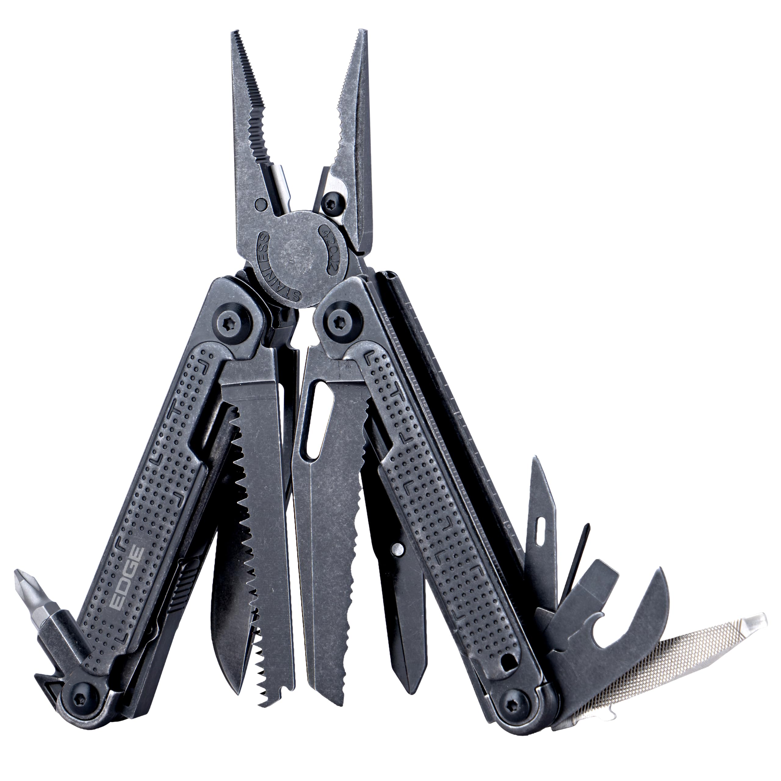 EDGE Multi-Tool Pliers, 14-in-1 Stainless Steel Multitool with Knife, Saw, Scissors, Wire Cutter & Screwdriver Bits, Compact Folding Pocket Tool for Camping, Survival, Fishing & Car Emergency (Black)
