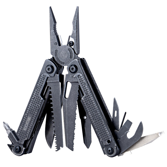 EDGE Multi-Tool Pliers, 14-in-1 Stainless Steel Multitool with Knife, Saw, Scissors, Wire Cutter & Screwdriver Bits, Compact Folding Pocket Tool for Camping, Survival, Fishing & Car Emergency (Black)