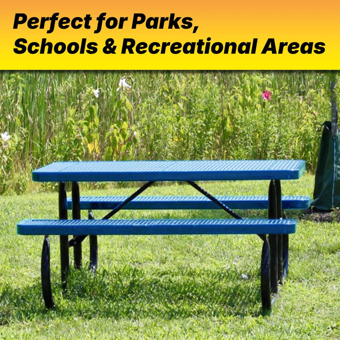 LAUCO Heavy Duty Rectangular Outdoor Picnic Table with Steel Frame, Thermoplastic Coating, Umbrella Hole, Built-in Benches, Seats 8, for Park, Patio, School (Blue, 72 inch) 36052