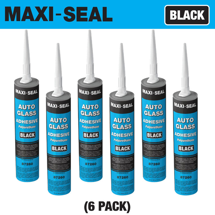 LAUCO Maxi-Seal Black Polyurethane Windshield Adhesive with Fast Curing Non-sag Formula - 10.5oz Tube + ﻿Applicator Tip﻿ - High Bond Strength Window Sealant Compound (6 Pack)
