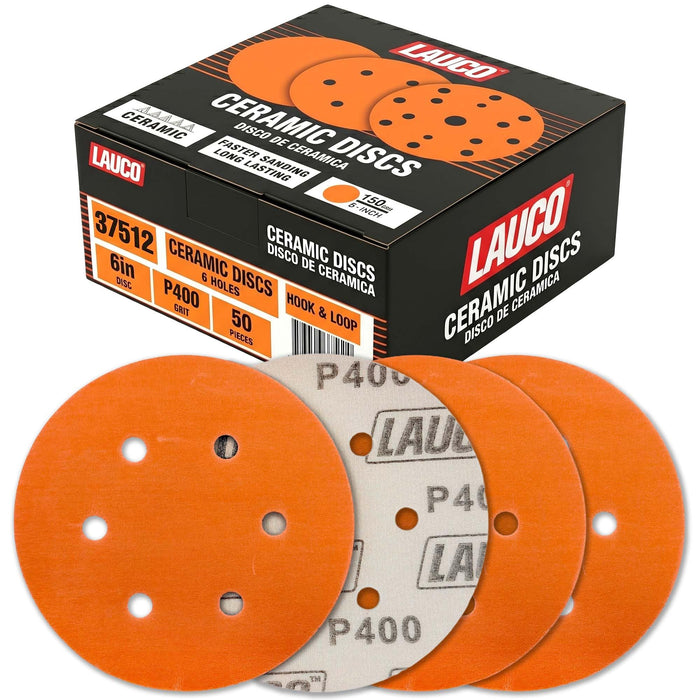 50 PCS 6 Inch 6 Hole Ceramic Sanding Discs P400 Grit, Hook and Loop Orbital Sandpaper, Heavy Duty Sandpaper for Wood, Metal, Automotive, Paint Removal