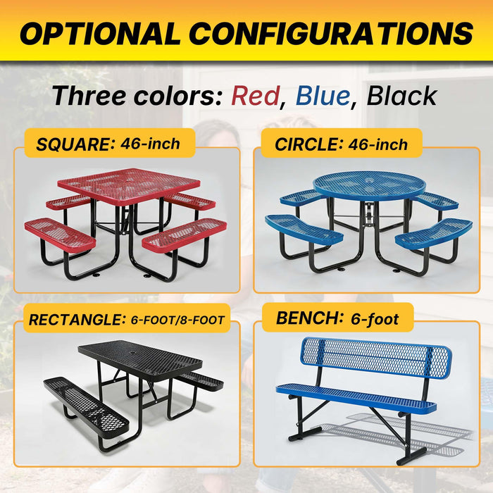 LAUCO 46-Inch Round Metal Picnic Table with Attached Benches, Blue Thermoplastic Coated, Expanded Metal Construction, 1000 lb Capacity, Outdoor Use 36058