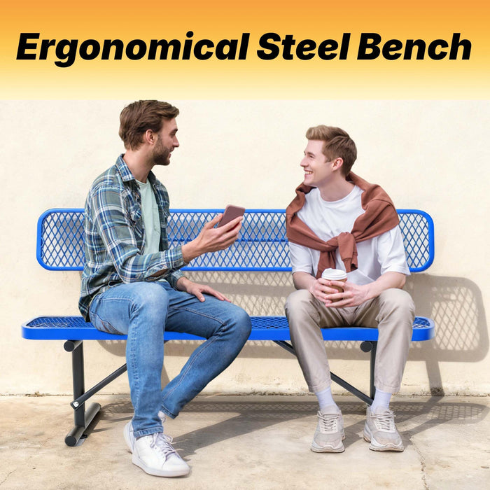 LAUCO Heavy Duty Steel Outdoor Picnic Bench, Blue Powder Coated, 72-Inch, Perforated Metal Design with Backrest, 1000 lbs Capacity, Industrial Style