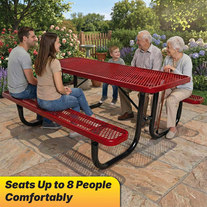 LAUCO Heavy Duty Rectangular Outdoor Picnic Table with Steel Frame, Thermoplastic Coating, Umbrella Hole, Built-in Benches, Seats 8, for Park, Patio, School (Red, 96 inch) 36032