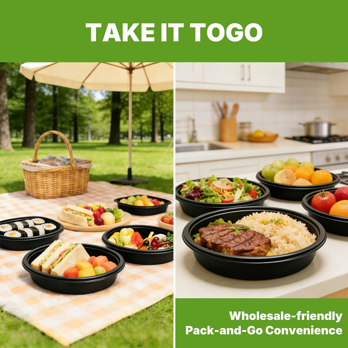 50 Pack (100-Piece) Meal Prep Containers Reusable with Lids, Sturdy Leakproof & Food Safe, Microwave, Freezer, Dishwasher Safe Prep Containers, To Go Take Out Plastic Food Storage (Round 32oz) 60823