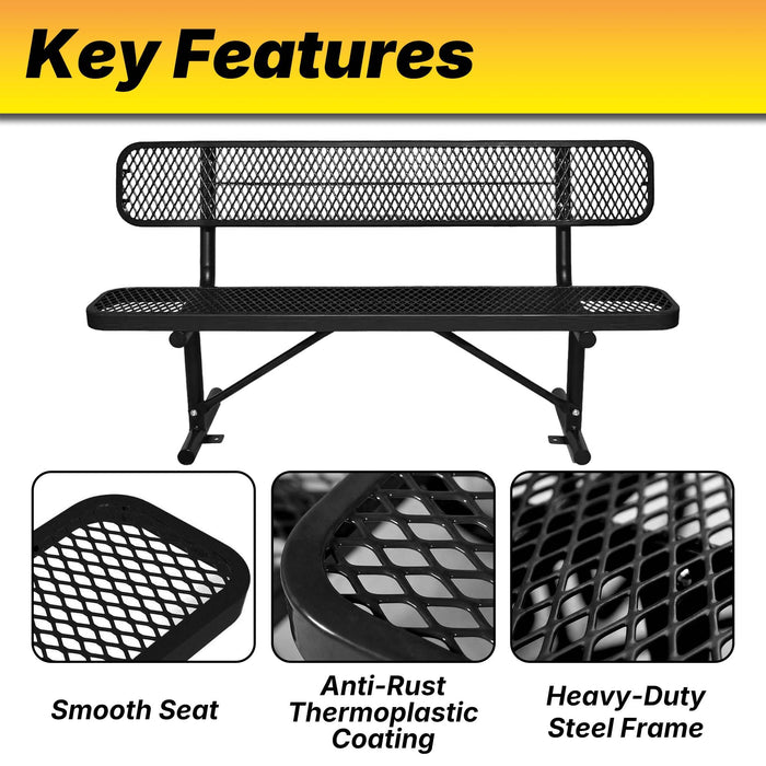 LAUCO Heavy Duty Steel Outdoor Picnic Bench, Black Powder Coated, 72-Inch, Perforated Metal Design with Backrest, 1000 lbs Capacity, Industrial Style
