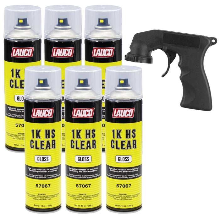 LAUCO 1K HS Gloss Clear 13 oz Automotive Aerosol Spray Paint Can with Aerosol Spray Gun - Pack of 6 - Acrylic Clear Coat Perfect for Protecting Refinish Color on Small Accessories 57067