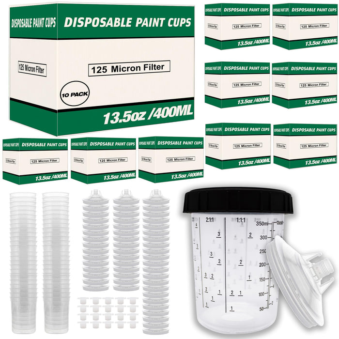 Value Pack 10 Boxes - Disposable Spray Gun Paint Cups Liners and Lid Kit - Each Box Includes: 50 Cup Liners, 50 Lids with 125 Mic, 1 Hard Cup with Retainer Ring and 20 Plugs (10 Boxes of 400ml/13.5oz)