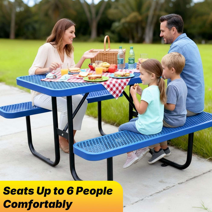 LAUCO Heavy Duty Rectangular Outdoor Picnic Table with Steel Frame, Thermoplastic Coating, Umbrella Hole, Built-in Benches, Seats 8, for Park, Patio, School (Blue, 72 inch) 36052