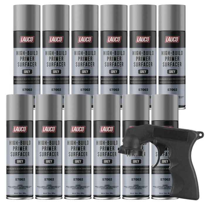 LAUCO High-Building Primer Surfacer Grey 13oz Aerosol Spray Can with Aerosol Spray Gun - Pack of 12 - For Automotive and Industrial Use 57062