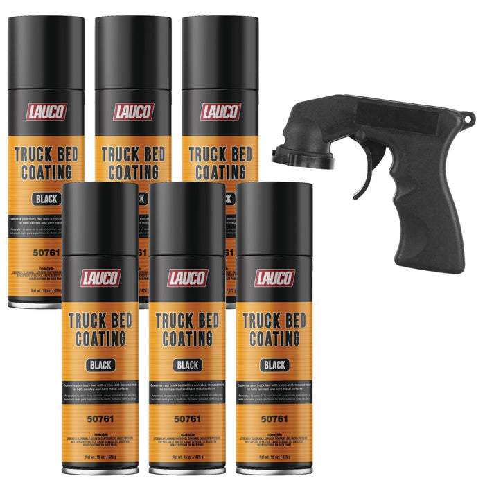 LAUCO Truck Bed Coating Black 15oz Aerosol Spray Can with Aerosol Spray Gun - Pack of 6 - Textured, Suitable For All Truck Beds 50761
