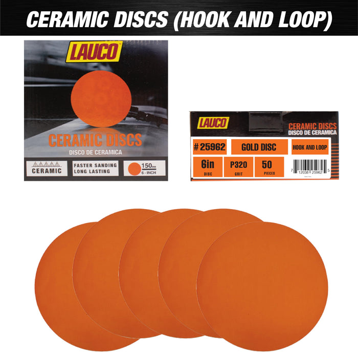 Premium 6" Hook and Loop Sanding Ceramic Discs (Box of 50) - Hook and Loop Backing Discs for DA Orbital Sanders - Automotive Sanding Wood Furniture Finishing (GRIT-320) 25962