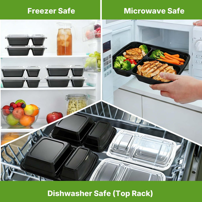 Meal Prep Containers with Lids, Reusable 2-Compartment Food Storage, Sturdy Leakproof, Food Safe, Microwave Freezer Dishwasher Safe, To-Go Takeout Plastic Containers, 50 Pack (100-Piece) – 60828