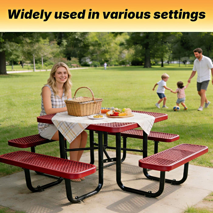 LAUCO Square Picnic Table, Expanded Metal, Red Thermoplastic Coating, Attached Benches, 1-1/2” Umbrella Pole Hole, Outdoor-Rated, 1000 lb Capacity 36078