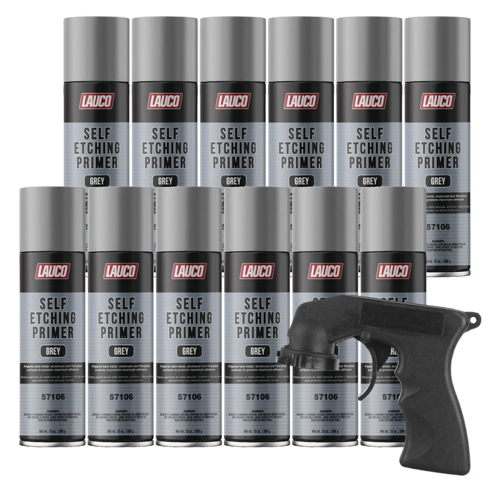 LAUCO Self Etching Primer Grey Aerosol Spray Can With Aerosol Spray Gun - Pack of 12 - Automotive and Industrial Primer - Great for use on Bare Metal Areas Before applying Truck Bed Liner (57106)