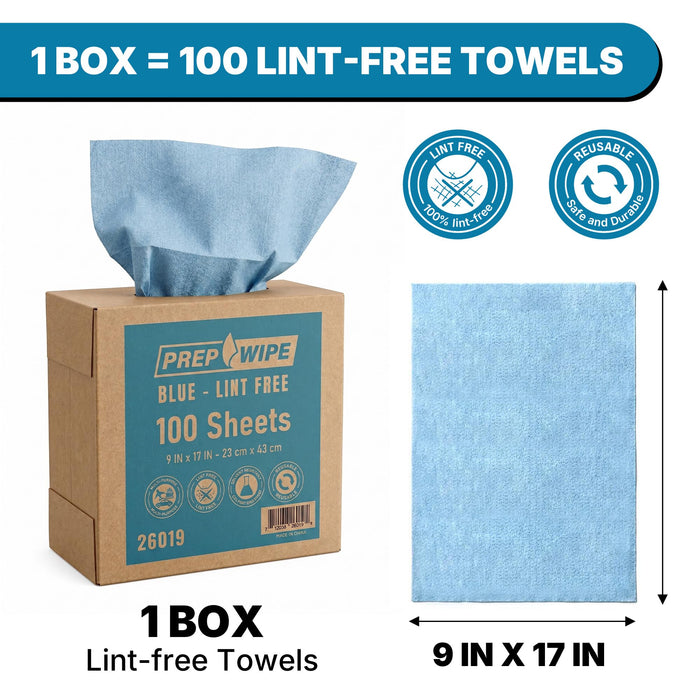 Prep Wipe Lint-Free Cleaning Towels | Heavy Duty, Solvent Resistant Wipes for Auto Body & Industrial Prep | 100 Pack, 9" x 17", Blue 26019