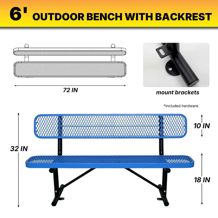 LAUCO Heavy Duty Steel Outdoor Picnic Bench, Blue Powder Coated, 72-Inch, Perforated Metal Design with Backrest, 1000 lbs Capacity, Industrial Style