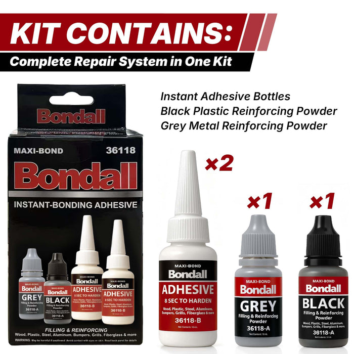BONDALL Instant Bonding Adhesive Repair Kit, 4PC Set with (2) Super Glue Bottles, Plastic & Metal Reinforcing Powders (Black & Grey), Strong Waterproof Adhesive. (BONDALL - 1 Pack)