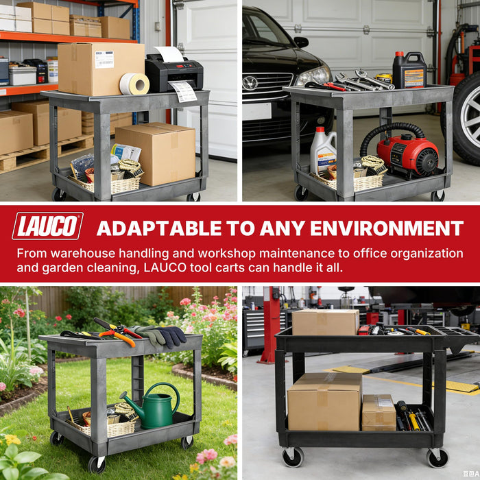 Lauco Heavy Duty Polypropylene Utility Cart - ﻿36" x 24" x 33" - Industrial Cart with Full Swivel Wheels Safely Holds up to 550 lbs - Multipurpose 2 Tier Service Cart for Warehouse, Garage, Cleaning