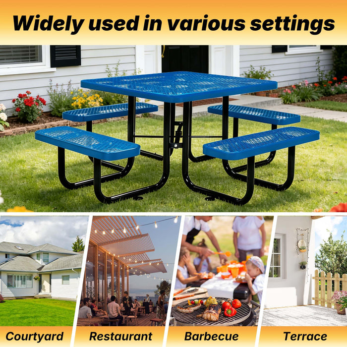 LAUCO Square Picnic Table, Expanded Metal, Blue Thermoplastic Coating, Attached Benches, 1-1/2” Umbrella Pole Hole, Outdoor-Rated, 1000 lb Capacity 36079