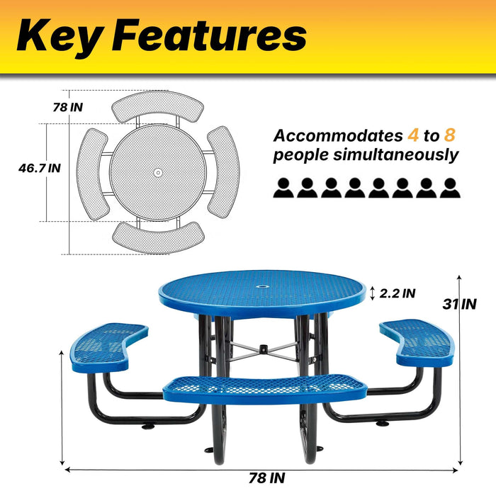 LAUCO 46-Inch Round Metal Picnic Table with Attached Benches, Blue Thermoplastic Coated, Expanded Metal Construction, 1000 lb Capacity, Outdoor Use 36058