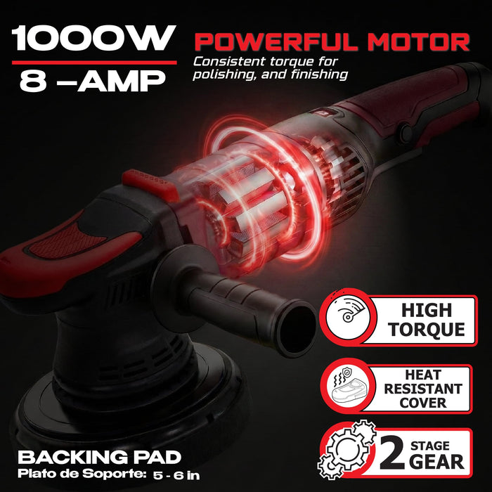 LAUCO Gear Driven Orbital Polisher 1000W with 6-Inch Backing Pad, 6-Speed Variable Control, High Torque Dual Action Polisher for Car Detailing, Paint Correction, Waxing, Buffing & Polishing LP1000