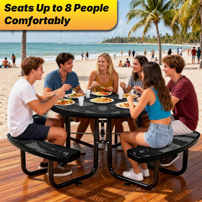 LAUCO 46-Inch Round Metal Picnic Table with Attached Benches, Black Thermoplastic Coated, Expanded Metal Construction, 1000 lb Capacity, Outdoor Use 36035