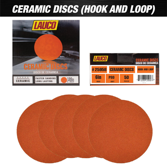 LAUCO Premium 6" Hook and Loop Orange Ceramic Sanding Discs, No Hole, 80 Grit (Box of 25) for Automotive Sanding on Fiberglass, Metals Non-Ferrous, Furniture Finishing