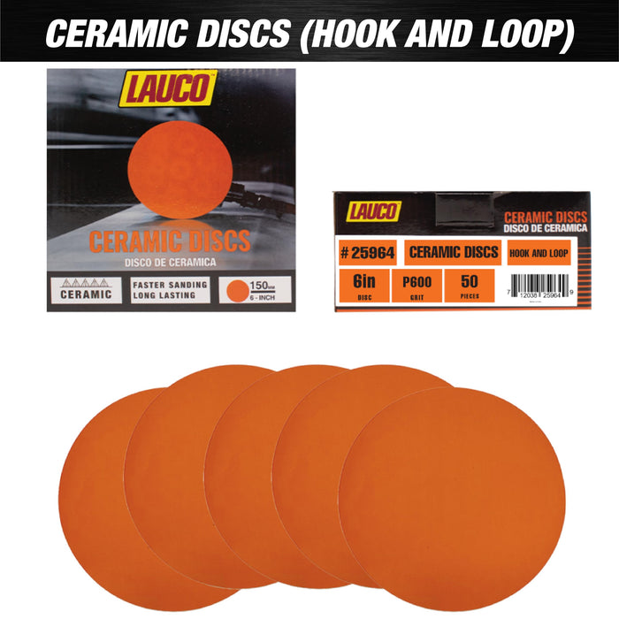 Premium 6" Hook and Loop Ceramic Sanding Discs, No Hole, 600 Grit (Box of 25) for Automotive Sanding on Fiberglass, Metals Non-Ferrous, Furniture Finishing