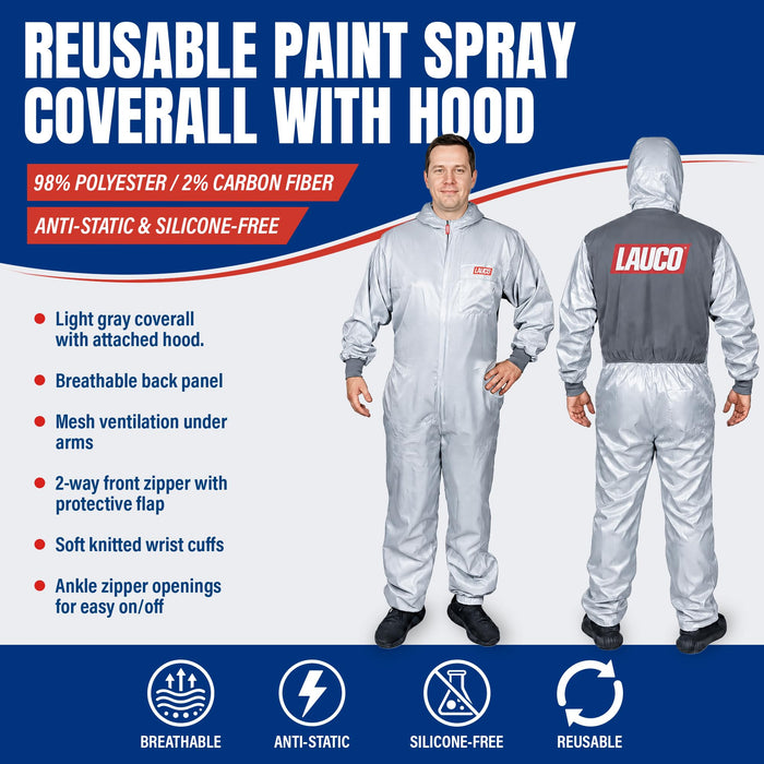 LAUCO Reusable Paint Spray Coverall with Hood, Anti-Static Silicone-Free Protective Suit, 98% Polyester 2% Carbon Fiber (L)