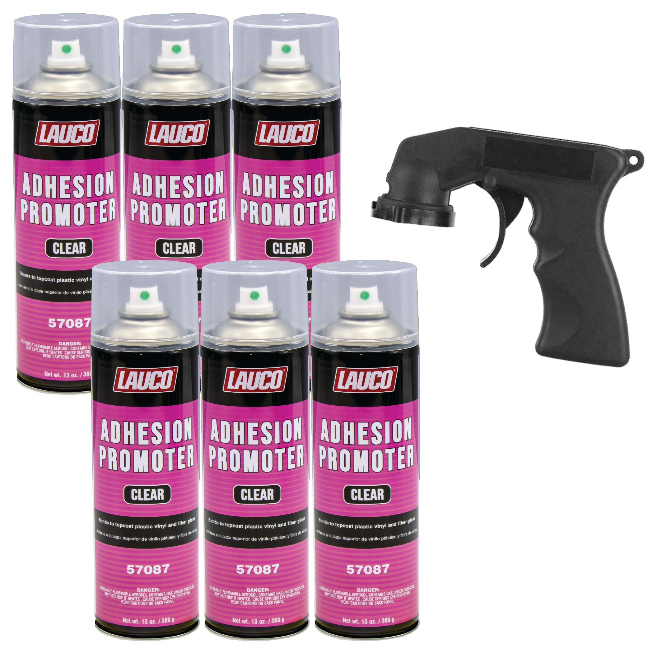 LAUCO Automotive Adhesion Promoter 13 oz Aerosol Spray Can with Aerosol Spray Gun - Pack of 6 - Use on Multi Surfaces Like Automotive Plastics, Bumpers, Vinyl Trim and Fiberglass (57087)