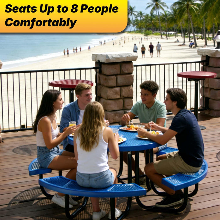 LAUCO 46-Inch Round Metal Picnic Table with Attached Benches, Blue Thermoplastic Coated, Expanded Metal Construction, 1000 lb Capacity, Outdoor Use 36058
